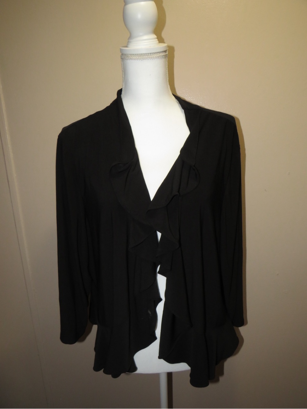 Black Ruffle Open-Front Cardigan. Size XL
